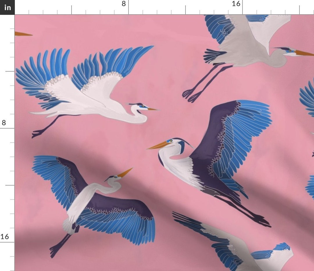 Painted Blue Heron Fabric Blue Heron in Pink by Lynen Etsy