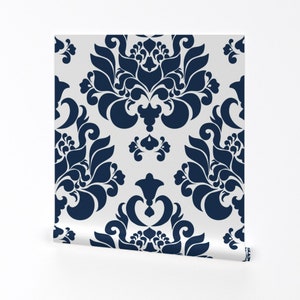 Navy Damask Wallpaper - Damask Navy By Mintedtulip - Victorian Modern Custom Printed Removable Self Adhesive Wallpaper Roll by Spoonflower