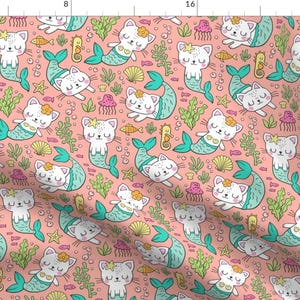 Mermaid Kitties Fabric - Purrmaids Cats Mermaids Sea Doodle On Peach By Caja Design - Nautic Cotton Fabric By The Yard With Spoonflower