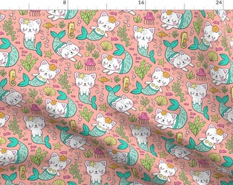 Mermaid Kitties Fabric - Purrmaids Cats Mermaids Sea Doodle On Peach By Caja Design - Nautic Cotton Fabric By The Yard With Spoonflower