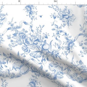 Blue Fabric - Blueberry Toile by lilyoake - Toile Fruit Roses Bee Blueberry Rococo French Country Fabric by the Yard by Spoonflower