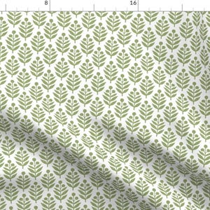 Block Print Leaf Fabric - Sweet Pea And White by danika_herrick - Farmhouse Green White Botanical Fabric by the Yard by Spoonflower