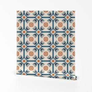 Portuguese Tiles Removable Peel and Stick Wallpaper - Orange Blue Ivory Decorative - Wall Art Wall Decor - Braga Rust by crest_and_clover_