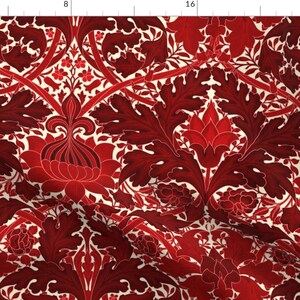 Victorian Red Fabric - Morris ~ Growing Damask ~ Red On Hameau By Peacoquettedesigns - Morris Inspired Victorian Fabric With Spoonflower