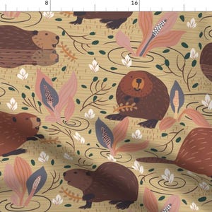 May include: A seamless pattern featuring brown beavers in a pond with lily pads and pink and blue flowers. The background is a light brown colour.