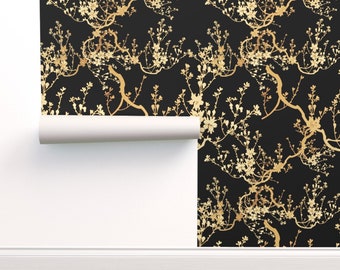 Removable Water-Activated Wallpaper Chinoiserie Toile Black Asian Gold Chinese