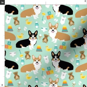 Baby Corgi Fabric - Corgis And Babies Fabric By Petfriendly - Baby Nursery Decor Corgi on Mint Cotton Fabric By The Yard With Spoonflower immagine 3