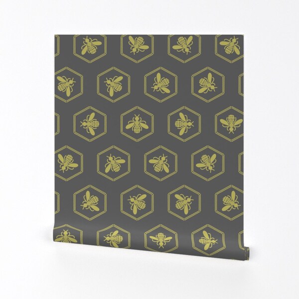 Bee Wallpaper - Hive Mind By Janelle Wooten - Bee Hives Gray Yellow Custom Printed Removable Self Adhesive Wallpaper Roll by Spoonflower