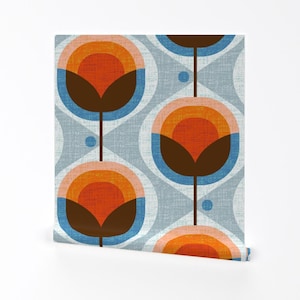 Mid Century Tapete - Mid Century Damask Von Ottomanbrim - Blau Orange Floral Geo Abnehmbare selbstklebende Tapetenrolle von Spoonflower