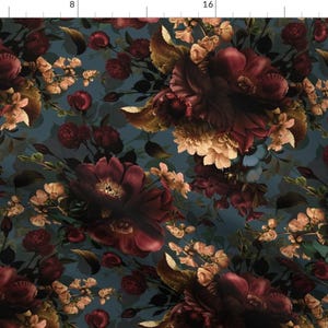 May include: A seamless pattern featuring a dark blue background with a repeating design of burgundy, pink, and cream flowers. The flowers are arranged in a random pattern and are surrounded by green leaves.