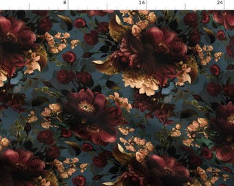 May include: A seamless pattern featuring a dark blue background with a repeating design of burgundy, pink, and cream flowers. The flowers are arranged in a random pattern and are surrounded by green leaves.
