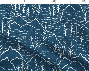 Denim Blue Fabric - Mountain Lake By Scarlette Soleil - Woodland Retreat Woven Look Canoe Cabin Cotton Fabric By The Yard With Spoonflower