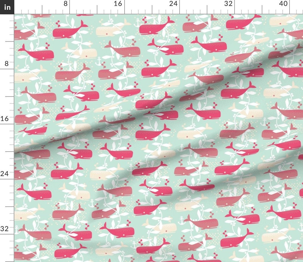 Nautical Whale Fabric Whale Watching Pink By Cerigwen Etsy