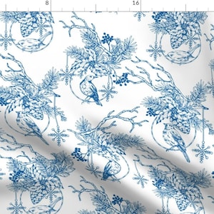 Christmas Toile Fabric - Christmas Blue Toile Ornament By Oppositedge - Blue White Birds Holly Cotton Fabric By The Yard With Spoonflower