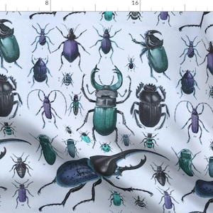May include: A white background with a repeating pattern of various types of beetles. The beetles are illustrated in shades of green, blue, and black.