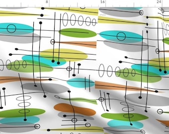 May include: Abstract mid-century modern pattern featuring a white background with black lines, gray, brown, green, and turquoise blue shapes.