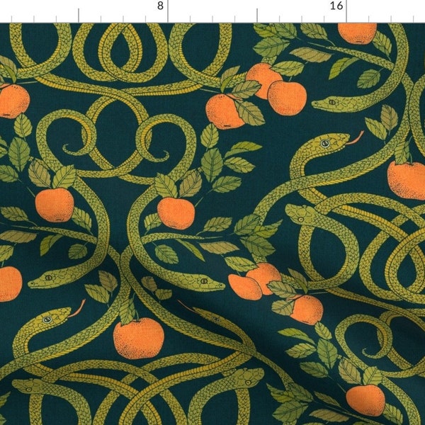 Snake Damask Fabric - Serpents And Apples By Ceciliamok - Fruit Adam Eve Black Green Orange Bible Cotton Fabric By The Yard With Spoonflower