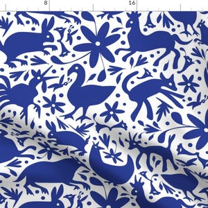 Blue White Deer Otomi Fabric - Mexico Springtime Cobalt On White (Large Scale) By Sammyk - Deer Cotton Fabric By The Yard With Spoonflower