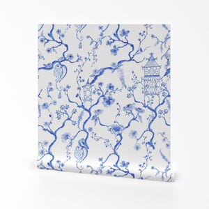 Chinoiserie Removable Peel and Stick Wallpaper - Elegant Blue And White Hand Painted - Wall Art Wall Decor - Little Pagoda by pattern_garden
