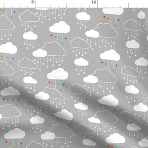 May include: A repeating pattern of white clouds with raindrops on a grey background. Each cloud has a rainbow of coloured raindrops.