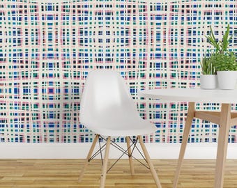 Carta da parati adesiva geometrica a quadri - Quadrati a righe geometriche - Decorazione murale rimovibile - Fuori linea grande di rocketandindigo