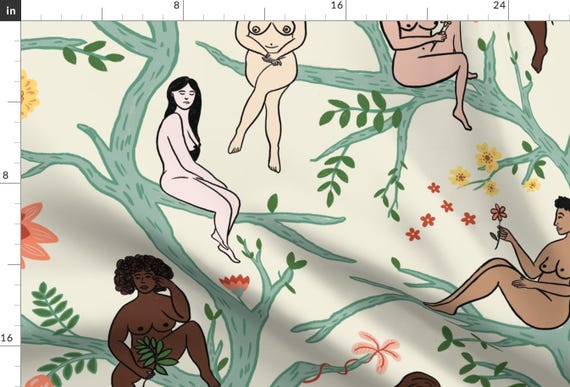 Boho Women Apparel Fabric - Women In Trees by dasbrooklyn - Floral Trees Turquoise Botanical Naked Feminist Clothing Fabric by Spoonflower