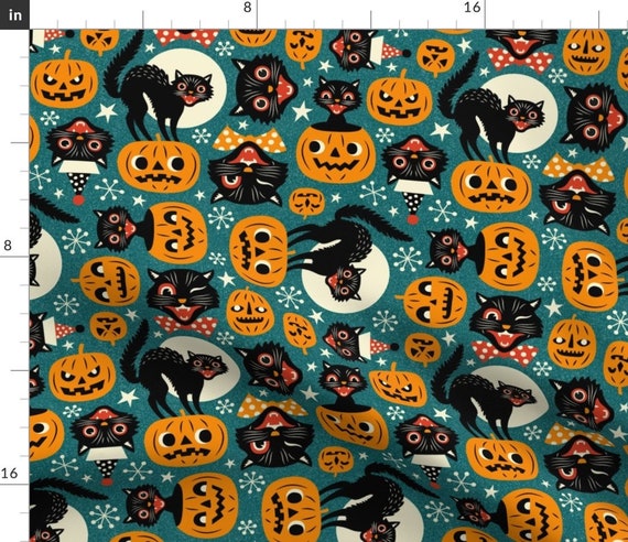Retro Halloween Fabric Spooky Vintage Cats and Pumpkins by