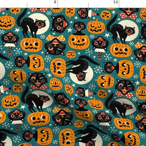 Retro Halloween Fabric - Spooky Vintage Cats And Pumpkins By Mirabelleprint - Black Cats Cotton Fabric By The Yard With Spoonflower