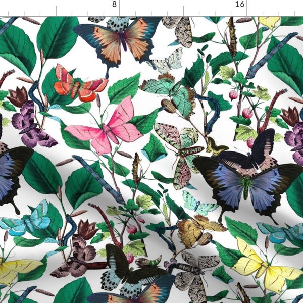 Green Fabric - Butterfly Sanctuary  by peacoquettedesigns -  Butterfly Floral Victorian Bugs Garden Fabric by the Yard by Spoonflower