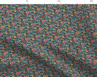 May include: A teal blue fabric with a repeating pattern of colorful flowers. The flowers are in shades of pink, red, yellow, orange, and blue. The fabric is perfect for crafting projects, quilting, and home decor.