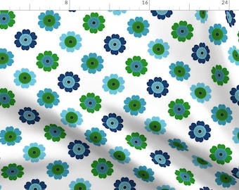 70s Flower Fabric - Vintage Daisies By Charlottewint - White Blue Green Retro Flower Power Floral Cotton Fabric By The Yard With Spoonflower