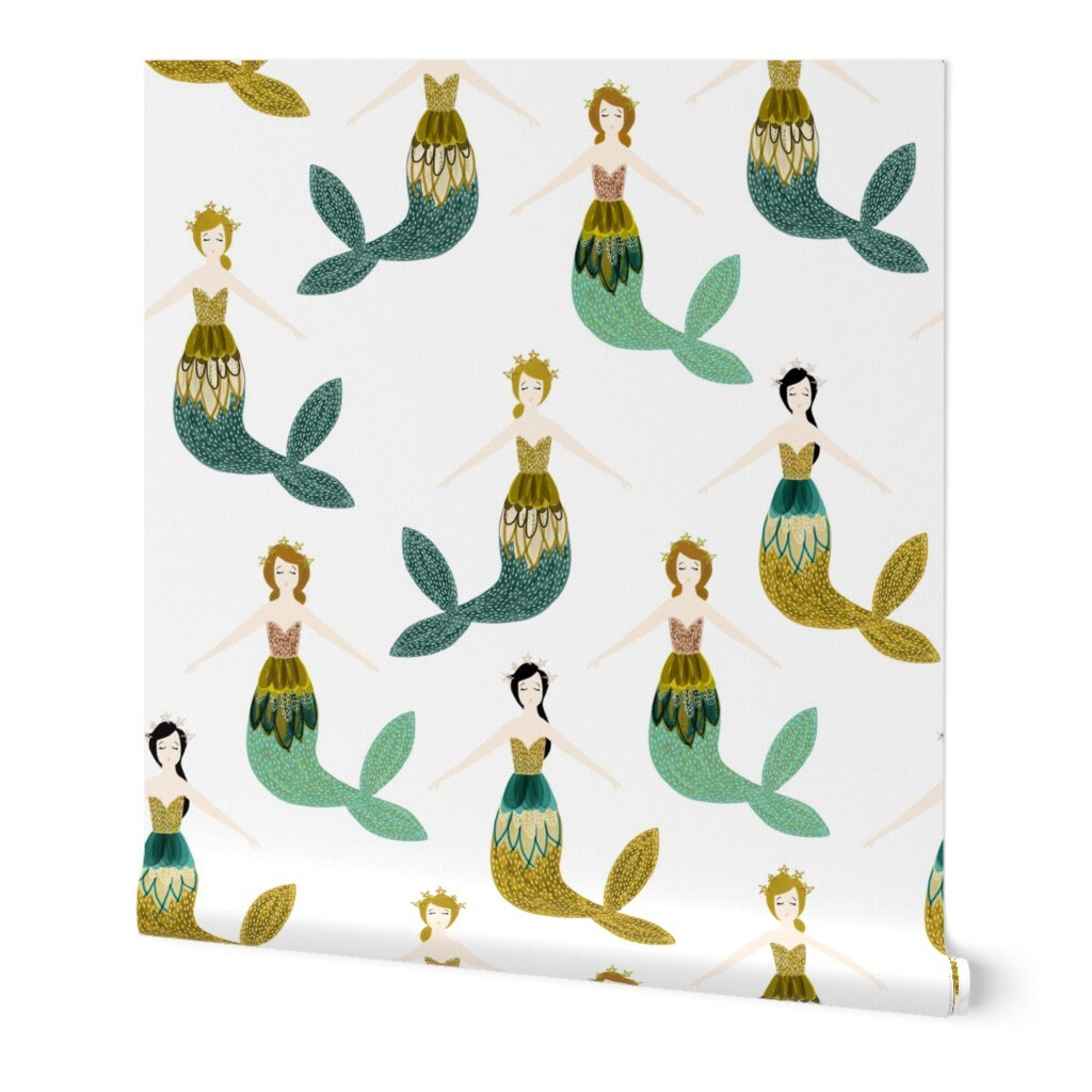 Mermaid Wallpaper Sparkle Mermaids Citrus Teal By Etsy