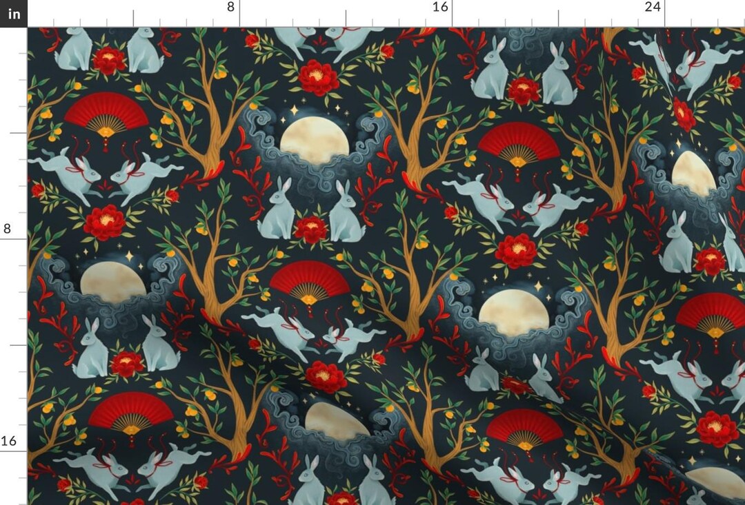 Red Fabric - Lunar Rabbit by Lostinwonderland - Gold Rabbit Bunny Navy ...