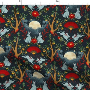 Red Fabric - Lunar Rabbit by lostinwonderland -  Gold Rabbit Bunny Navy Magic Damask Moon Tangerine Fabric by the Yard by Spoonflower