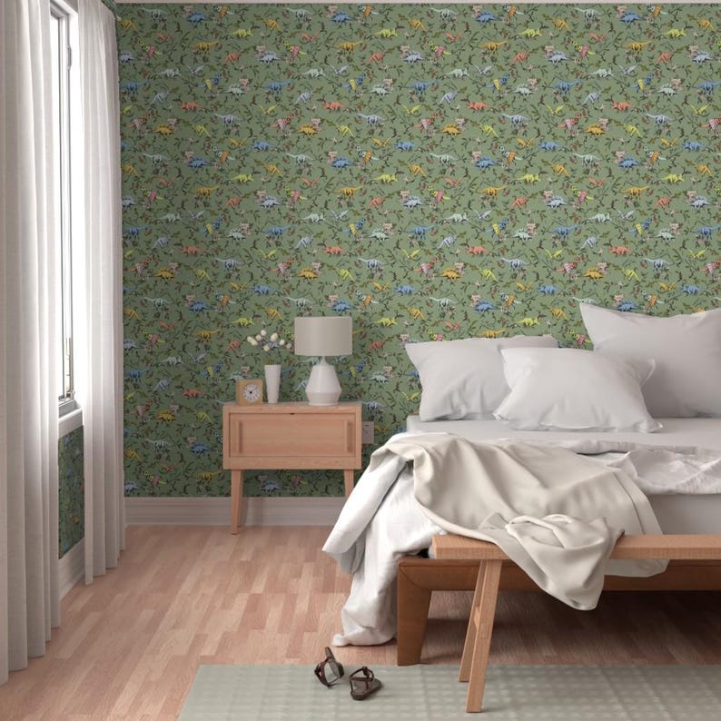Dinosaur Wallpaper - Dino Dancer Dusk By Pattern State - Green Dinosaur Custom Printed Removable Self Adhesive Wallpaper Roll by Spoonflower image 5