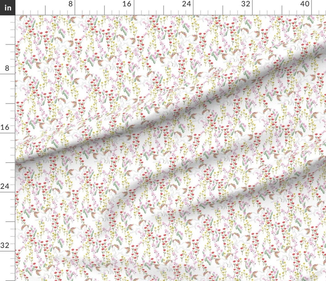 Unicorn Fabric Unicorns in Flower Field White by Etsy
