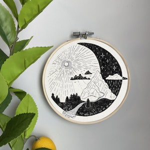 Mountain Embroidery Template on Cotton By scarlette_soleil - Moon Forest Lunar Embroidery Pattern for 6" Hoop Custom Printed by Spoonflower