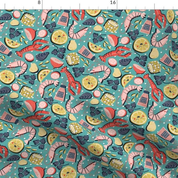 Shrimp Boil Southern Food Fabric - All Boiled Over By Nanshizzle - Shrimp Boil Creole Blue Cotton Fabric By The Yard With Spoonflower