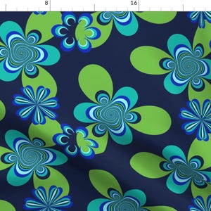 Retro Fabric - Sixties5 By Dessineo - Blue Green Floral Hippie Flower Power 1960s Vintage Style Cotton Fabric By The Yard With Spoonflower