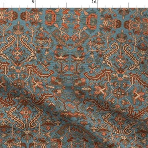 Persian Fabric - Heriz Fans Blue By Amyvail - Persian Geometric Blue Gold Coral Rug Design Cotton Fabric By The Yard With Spoonflower