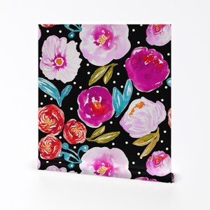 Large Scale Floral Fabric - Poppy Bloom Black By Indybloomdesign - Bright Pink Floral Removable Self Adhesive Wallpaper Roll by Spoonflower image 2