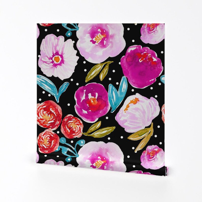 Large Scale Floral Fabric - Poppy Bloom Black By Indybloomdesign - Bright Pink Floral Removable Self Adhesive Wallpaper Roll by Spoonflower image 2