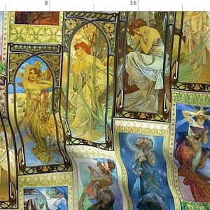 Mucha Fabric - Mucha's Night And Day By Bonnie Phantasm - Mucha Art Nouveau Goddess Panels Retro Cotton Fabric By The Yard With Spoonflower