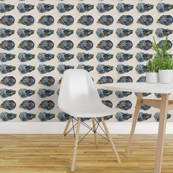 Coastal Wallpaper- Oysters In A Row - 6.35 Inches By Cityette - Beige Blue New England Removable Self Adhesive Wallpaper Roll by Spoonflower