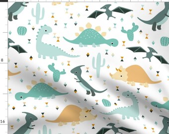 Blue And Yellow Dinosaurs Nursery Fabric - Friendly Dinosaurs By Heleenvanbuul - Dinosaurs Cotton Fabric By The Yard With Spoonflower