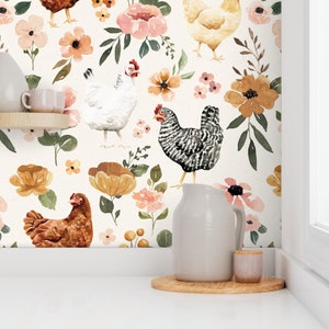 Farmhouse Wallpaper Watercolor Chicken Floral by cateandrainn Painted Hens Chickens Removable Peel and Stick Wallpaper by Spoonflower image 7