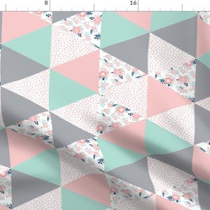 Cheater Quilt Fabric -  Whole Cloth Triangle Cheater Quilt Pink Grey And Mint By Charlottewinter Baby Girl Nursery - Fabric With Spoonflower