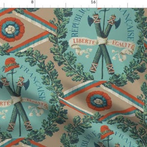 May include: A repeating pattern of blue, red, and white French flags with the words "République Française" and "Liberté, Egalité" in a wreath of green leaves.