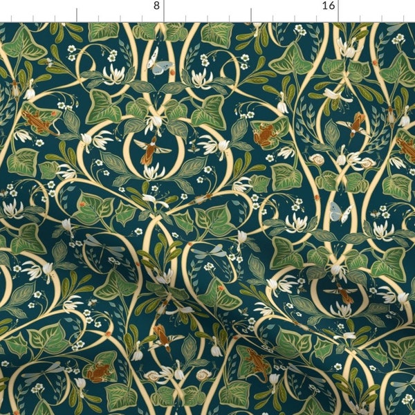 Ivy Twine Fabric - Royal Garden Art Nouveau By Southwind - Navy Green Rich Garden Spring Floral Cotton Fabric By The Yard With Spoonflower