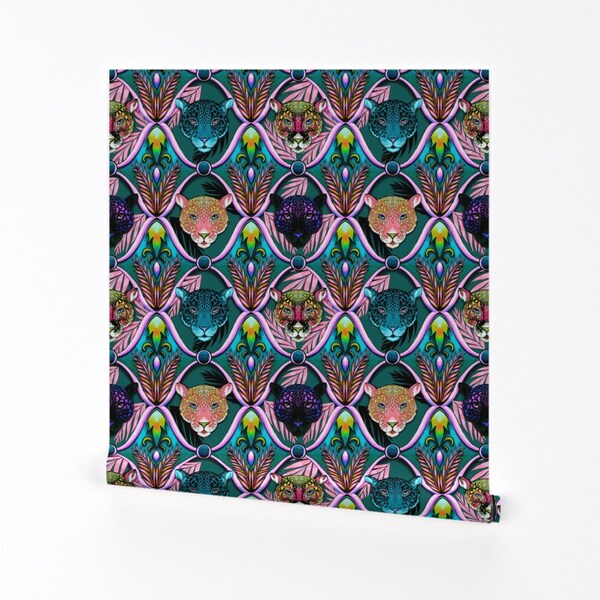 Vaporwave Jungle Wallpaper - Jaguars Ogee After Dark by beesocks - Retro Animal Print Removable Peel and Stick Wallpaper by Spoonflower